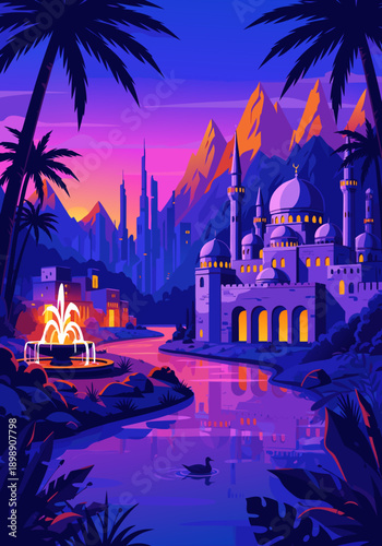 Exotic Arabian Nights Cityscape Vector Illustration with Palm Trees and Fountain, Vibrant Sunset Glow