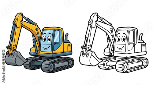 Cartoon Excavator Vector Illustration Set, Black and White Outline to Color Transformation, Cute Construction Vehicle Artwork, Kids Coloring Page Vector Design for Educational Projects