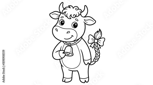 Playful Cow Cartoon Vector Illustration, Black and White Line Drawing, Friendly Farm Animal Artwork with Bell and Bow, Kids Coloring Page Vector Design for Educational Projects