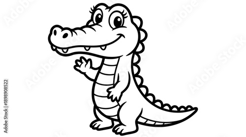 Friendly cartoon crocodile alligator character vector illustration for kids coloring book, educational materials, playful reptile mascot design with smiling face, waving hand, segmented belly, white b