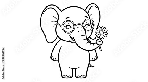 Cute Cartoon Elephant Vector Illustration | Friendly Animal Character with Glasses Holding Flower | Children’s Coloring Book Page | Playful Decorative Vector Art for Kids