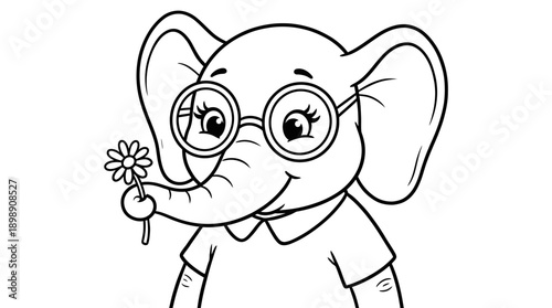 Cute Cartoon Elephant Vector Illustration | Friendly Animal Character with Glasses Holding Flower | Children’s Coloring Book Page | Playful Decorative Vector Art for Kids