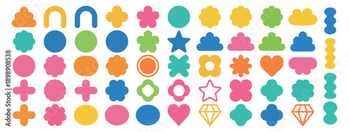 Colorful abstract shape icon set, flat vector geometric elements including circles stars hearts flowers and clouds on transparent background