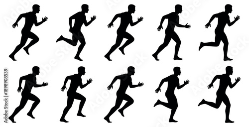 Running man silhouette set, male runner vector figures in different motion poses for sport fitness and exercise concepts on transparent background