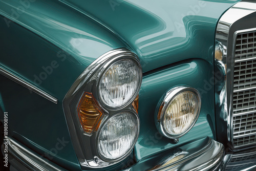 Detailed view of vintage teal car front showcasing dual headlights, chrome trims, and retro amber indicators with polished grille and classic design elements