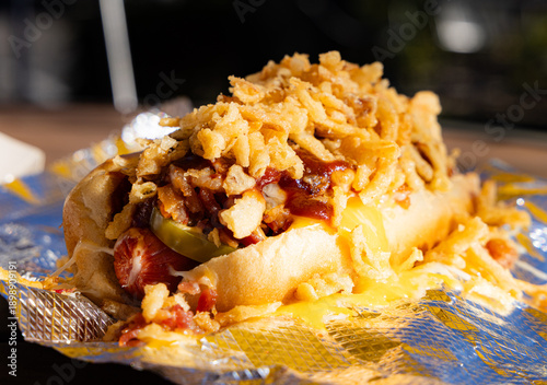 Obraz na plátně Western Hotdog with French Onions and Jalapeños