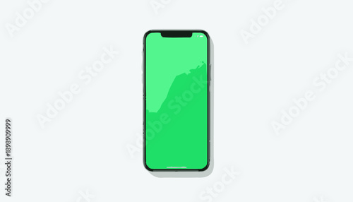 Minimalist illustration of a modern smartphone with a vibrant green screen on a clean white background, perfect for mockups and digital content.