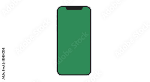 A modern smartphone with a blank green screen on a white background, ready for content display.