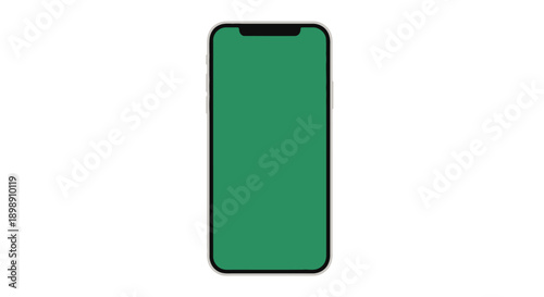 A minimalist illustration of a modern smartphone with a vibrant green screen, isolated on a white background, representing digital technology.