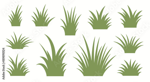 A collection of stylized green grass tufts and clumps, depicted as vector illustrations on a white background, showcasing various shapes and sizes of natural foliage.