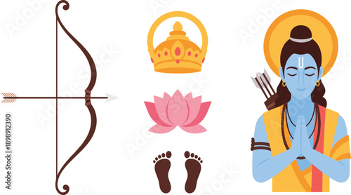 Hindu deity Lord Rama with bow, arrow, and sacred symbols