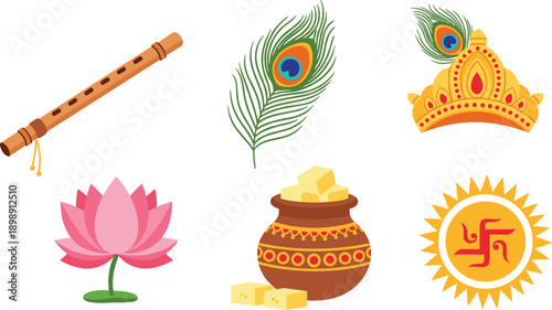 Hinduism symbols collection featuring Krishna elements