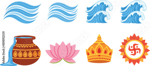 Hinduism symbols collection with sacred elements and motifs