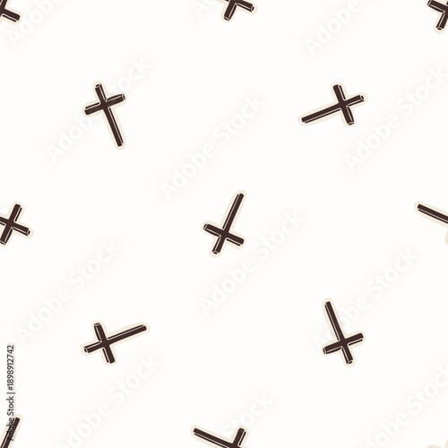 Christian cross seamless vector pattern. Hand drawn religious crucifix vintage illustration for wallpaper background. Catholic symbol all over print. 