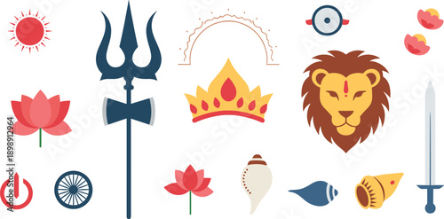 Vibrant Hindu symbols and icons in colorful flat design style