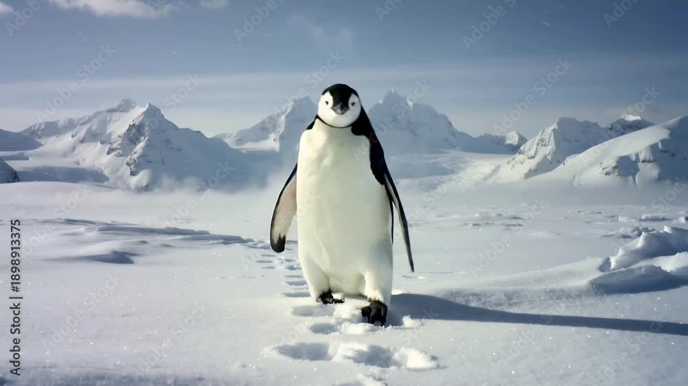 custom made wallpaper toronto digitalLone Penguin Walking Across Vast Frozen Landscape Toward Snowy Mountains Cinematic 4K