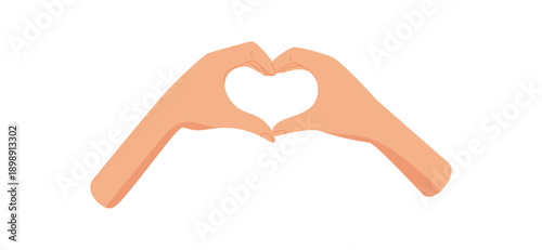 Hands creating a heart symbol, flat cartoon graphic style. Represents love, human solidarity, and friendship. Gesture concept of unity, care, and appreciation, colorful isolated art.