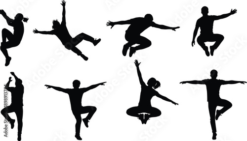 Set of active people silhouettes jumping, parkour athletes in motion, falling, climbing, flying, extreme sports activity, dynamic human poses, vector.