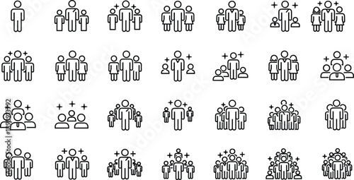 Set of people line icons, community group symbols, leadership and teamwork signs, user profile avatars, business team members, social network, vector.