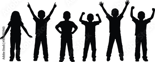 Silhouettes of happy children celebrating, kids jumping and raising hands, diverse group of childhood friends cheering, success and joy illustration, vector.