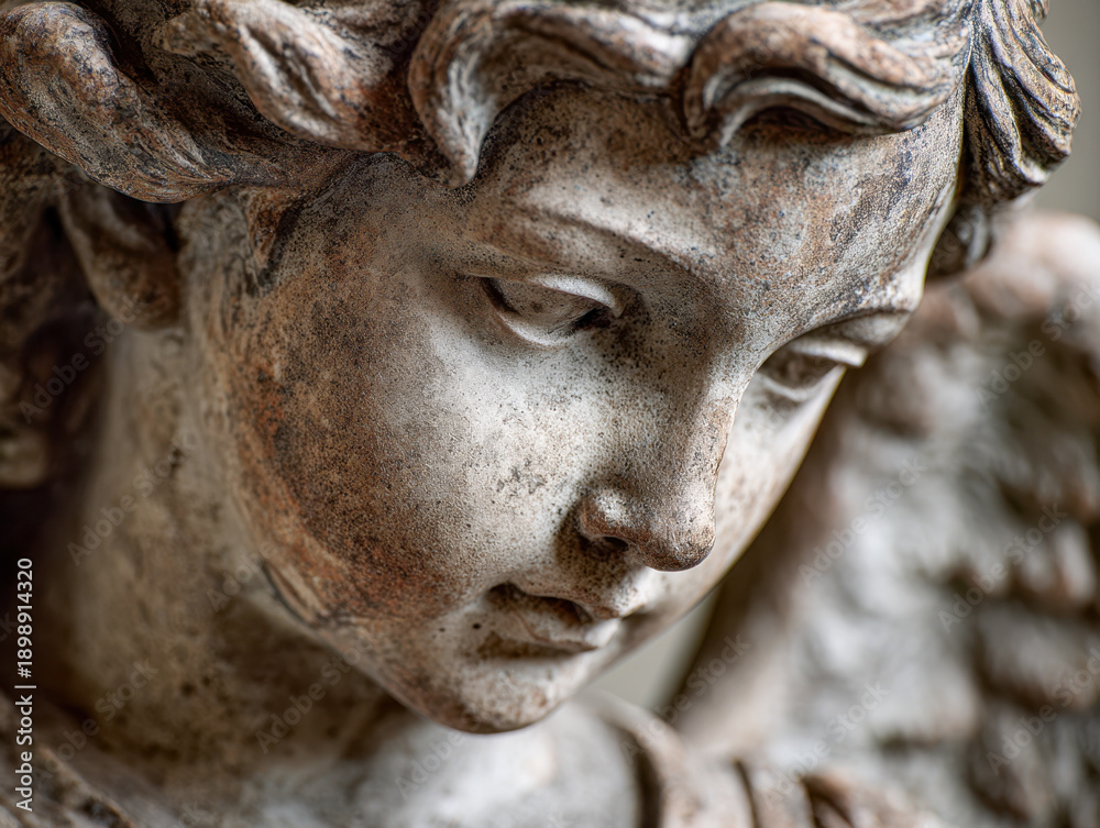 Obraz premium Detailed textured face of a weathered stone angel sculpture with intricate curls and wings capturing a serene and contemplative expression in soft light