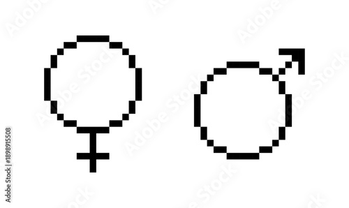 Pixel gender symbols icons, male and female signs, 8-bit retro gender icons set, Vector illustration.