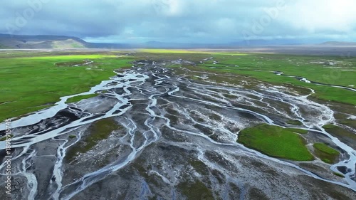 Aerial view of glacial braided river system in greenvalley