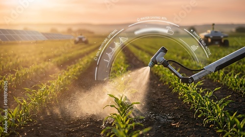 Agricultural sprayer applying pesticides to young corn crops in a field at sunset.