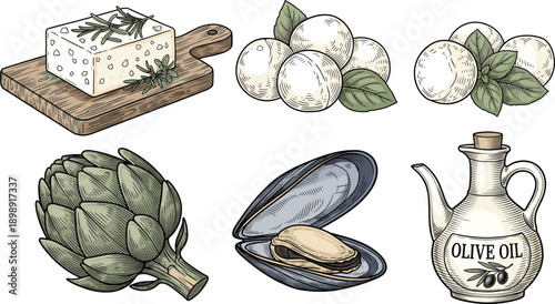 Mediterranean Food Set with Feta Cheese, Olives, Artichoke, Mussel and Olive Oil Hand Drawn Vintage Illustration