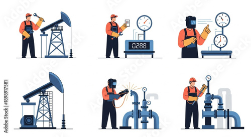 Industrial maintenance and operations in the oil sector  vector illustrations of workers and tools