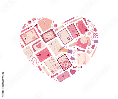 Flat doodle heart mail card style. Envelope, love letter, message and postcard create valentine concept. Romantic correspondence for invitation or greeting, stationery, holiday context, handmade