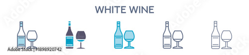 White Wine Glass And Bottle Icon - Alcohol Beverage Line Vector Illustration 