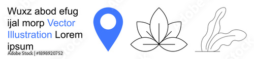 Free Download Navigation, natural beauty, mindfulness, botanical elements, eco-themed branding, relaxation. Blue location pin with simple black lotus and abstract leaf drawings. Navigation and natural beauty - GFXLoad