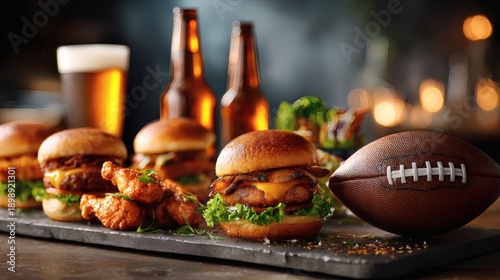 Juicy burgers with lettuce and cheese, crisp chicken wings on a black tray, pair of beer bottles, a beer glass, and an iconic oval brown ball, blurred background with warm lights
