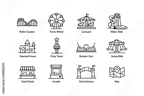 Amusement park icon set: roller coaster, ferris wheel, carousel, water slide