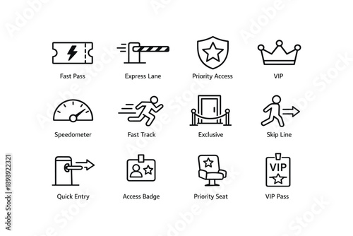 Priority access symbols: fast pass, vip, speedometer, quick entry icons