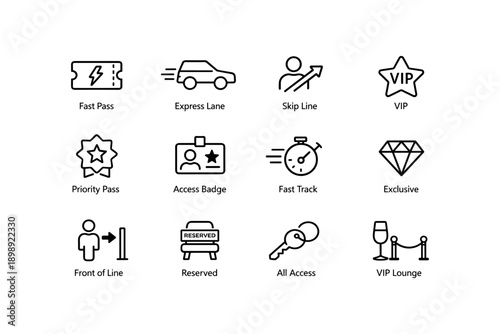 Priority and access pass icons: fast pass, express lane, vip, exclusive lounge