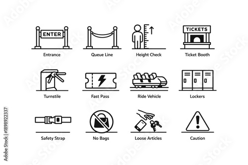 Amusement park symbols: entry, safety, and ride guidelines illustrated