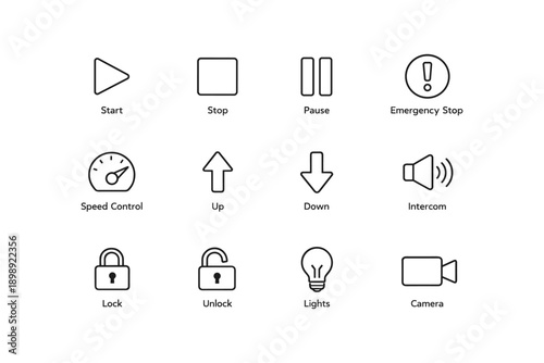 Simple control panel icons: start, stop, pause, lock, camera, lights