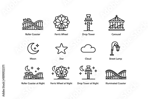 Amusement park icons: roller coaster, ferris wheel, drop tower, carousel, nighttime elements