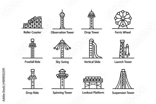 Amusement park ride icons: roller coaster, ferris wheel, drop tower, vertical slide