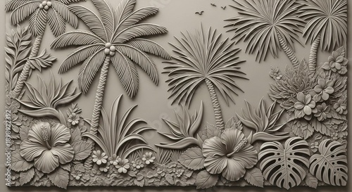 Tropical paradise relief carving with palm trees, hibiscus flowers and exotic plants, detailed bas-relief texture