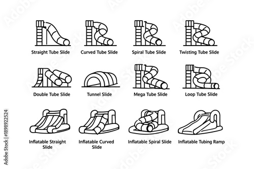 Variety of water slides and inflatable slides icons for recreation