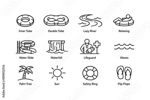 Outline icons of water park activities including lazy river and lifeguard