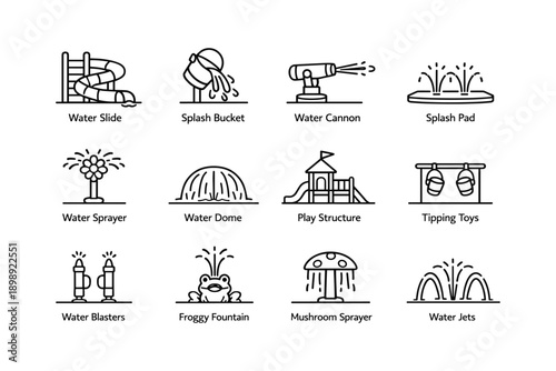 Icon set of water park features: slides, fountains, play structures, and sprayers