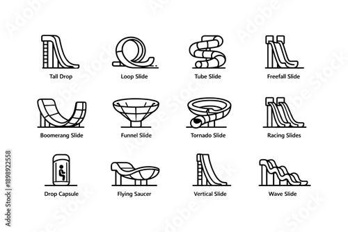Icon set of water park slides featuring diverse designs and structures