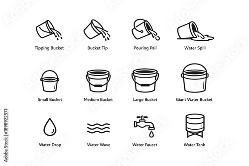 Collection of bucket and water icons featuring various containers and water elements