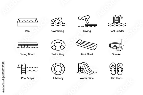 Pool icons set: swimming, diving, lifebuoy, snorkel, water slide