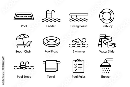 Pool icons: ladder, lifebuoy, diving board, beach chair, water slide
