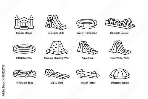 Set of fun inflatable icons including bounce house and water trampoline